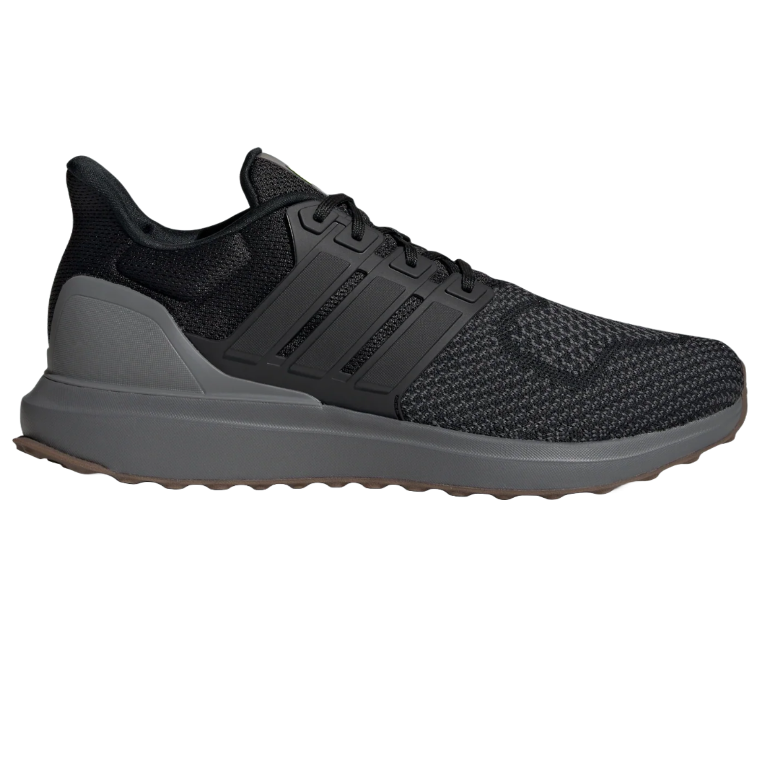 Black Adidas Men's Ubounce DNA Shoes feature a knit upper, tonal stripes, and a grey midsole with a textured outsole for grip and comfort.