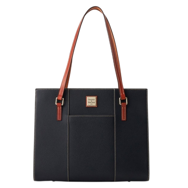 A black leather tote bag with brown leather handles and a metal logo plaque on the front.