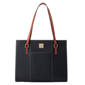 A black leather tote bag with brown leather handles and a metal logo plaque on the front.