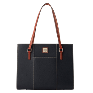 A black leather tote bag with brown leather handles and a metal logo plaque on the front.