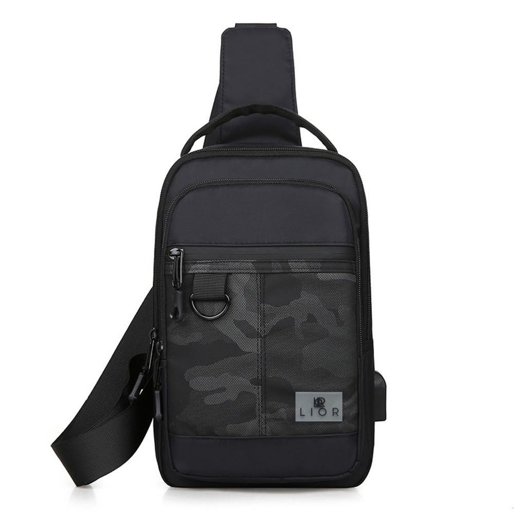 Black crossbody pack with a USB port, features front zipper pockets, camouflage pattern, and adjustable strap.