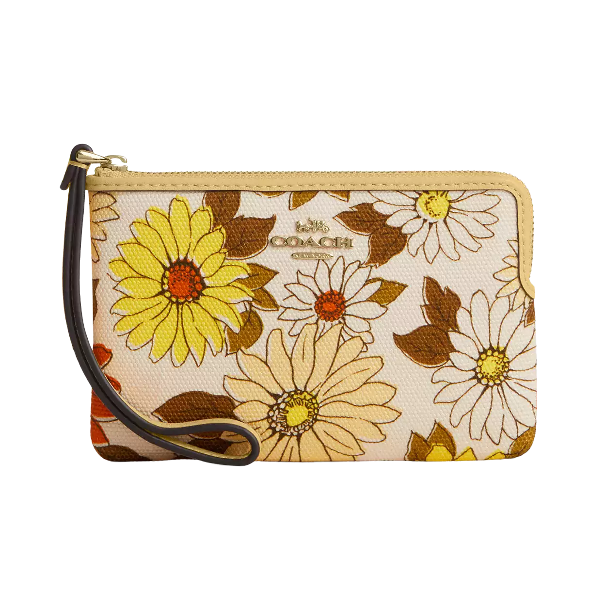A floral-patterned Coach wristlet with daisy designs in yellow, brown, and beige, featuring a gold Coach logo and a black wrist strap.