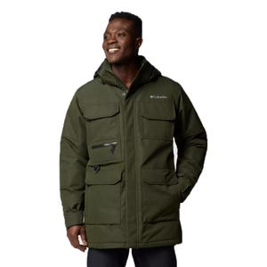 The Columbia Landroamer Jacket is a dark green, insulated winter parka featuring multiple large front pockets, a zipper and snap closure, adjustable cuffs, and a hood.