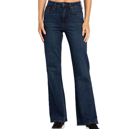 RSQ High Rise Flare Jeans feature a dark blue wash with a high-rise waist, fitted through the hips and thighs, and a flared leg opening. They have classic five-pocket styling and a button-zip closure.