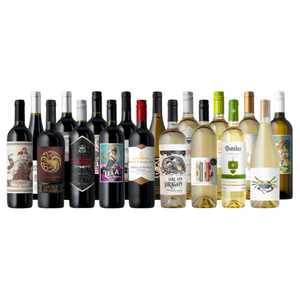 Assortment of wine bottles featuring various labels and colors, including reds and whites from different producers.