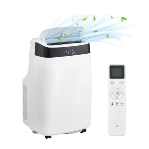 A portable air conditioner with a digital display and remote control, showing a temperature of 73°F, releasing cool air and green leaves illustration.