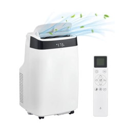 A portable air conditioner with a digital display and remote control, showing a temperature of 73°F, releasing cool air and green leaves illustration.