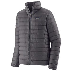 A gray Patagonia insulated down jacket with a front zipper and horizontal quilting for warmth.