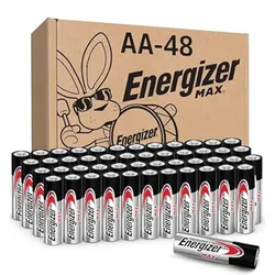 A box labeled \“AA-48\“ contains Energizer Max AA batteries, featuring a bunny with sunglasses on the packaging.