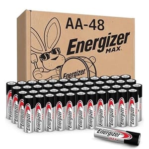 A box labeled \“AA-48\“ contains Energizer Max AA batteries, featuring a bunny with sunglasses on the packaging.