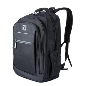 A black backpack with multiple zippered compartments, side mesh pockets, and adjustable shoulder straps.