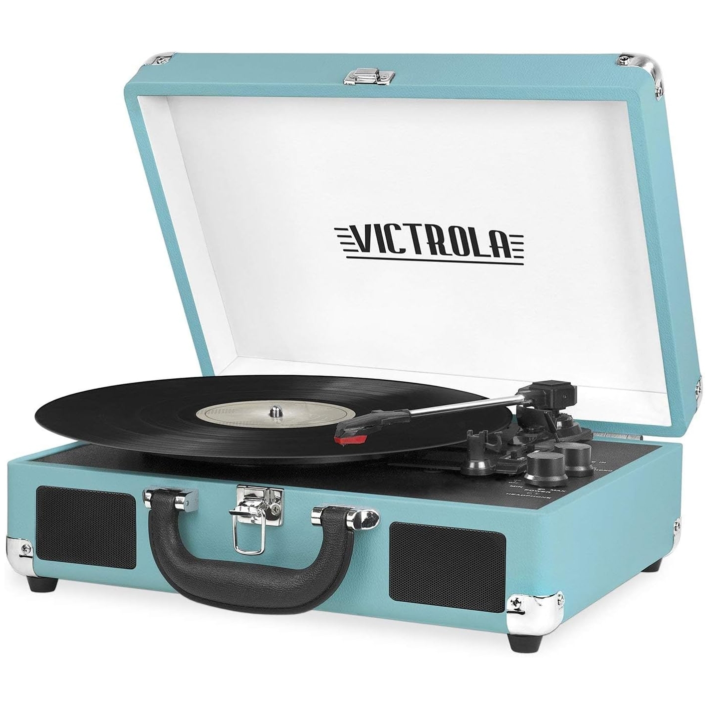 Turquoise Victrola suitcase record player with built-in speakers, displaying a vinyl record on its turntable. The case features a handle and a secure latch for portability.