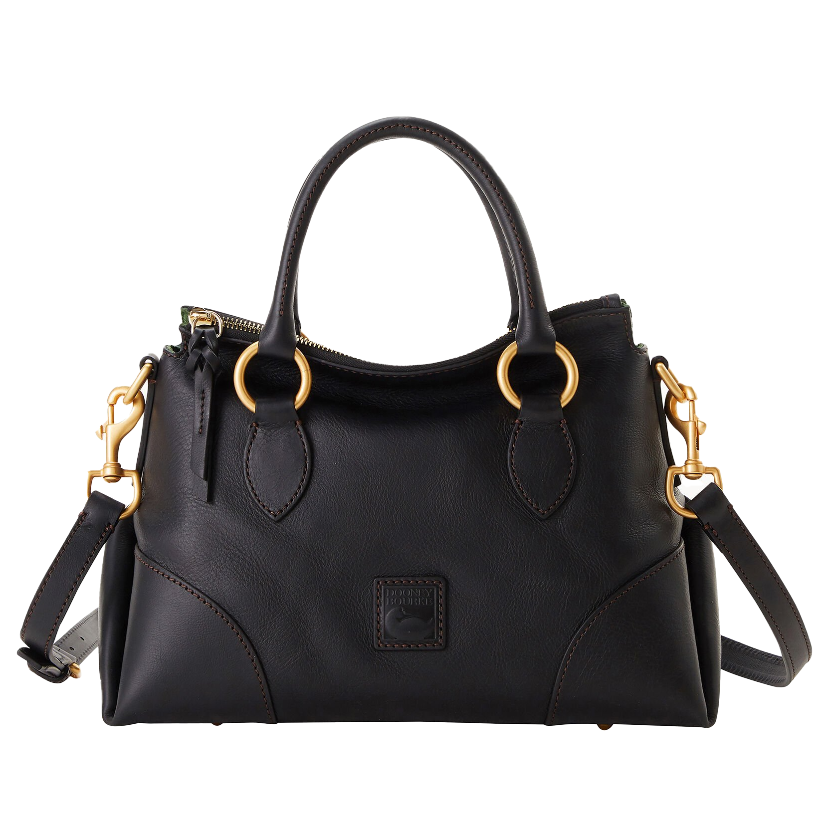 A sleek black leather satchel with gold-tone hardware, featuring double handles, an adjustable shoulder strap, and a top zipper closure. It has a small embossed Dooney & Bourke logo on the front.