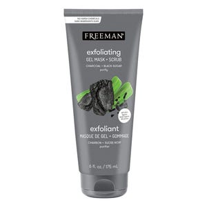 Freeman Exfoliating Gel Mask + Scrub with charcoal and black sugar purifies skin, suitable for all skin types. Tube size is 6 fl. oz. (175 mL).