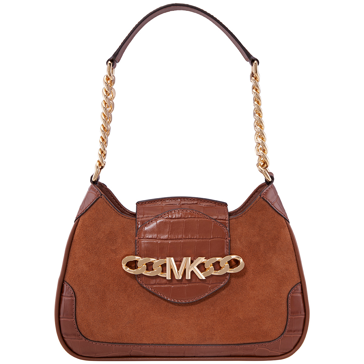 A brown shoulder bag with gold-tone chain detail and crocodile-embossed flap.