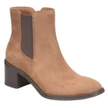 Tan suede ankle boot with a block heel and elastic side panels, in a Chelsea boot style.