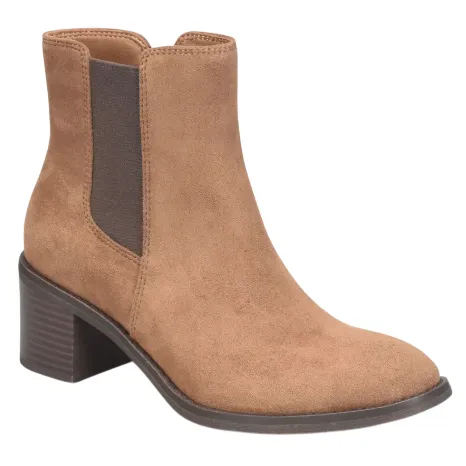 Tan suede ankle boot with a block heel and elastic side panels, in a Chelsea boot style.