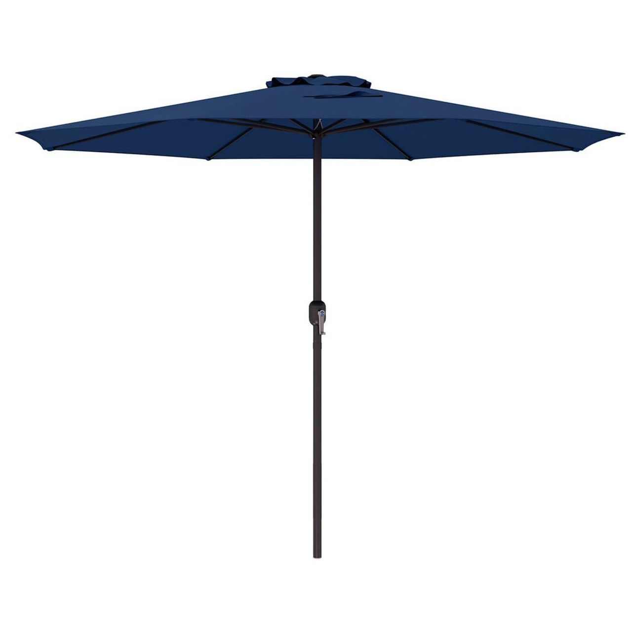 A large, blue, 12-foot patio umbrella with a central pole and a crank mechanism for easy opening and closing.