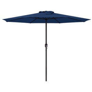 A large, blue, 12-foot patio umbrella with a central pole and a crank mechanism for easy opening and closing.