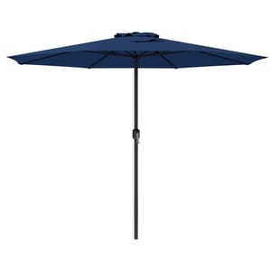 A large, blue, 12-foot patio umbrella with a central pole and a crank mechanism for easy opening and closing.