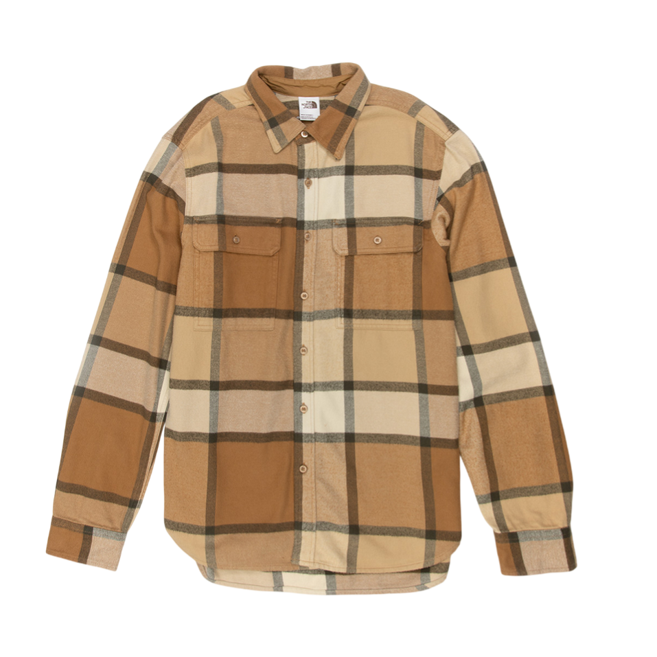 Tan and brown plaid button-up shirt with two chest pockets and long sleeves.