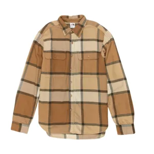 Tan and brown plaid button-up shirt with two chest pockets and long sleeves.