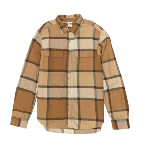 Tan and brown plaid button-up shirt with two chest pockets and long sleeves.