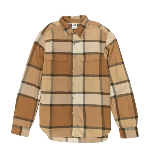 Tan and brown plaid button-up shirt with two chest pockets and long sleeves.