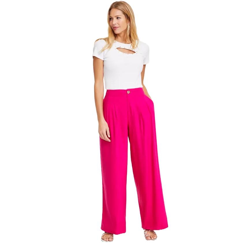 Bright pink wide-leg pants with a high waist, pleats, and a single button closure.