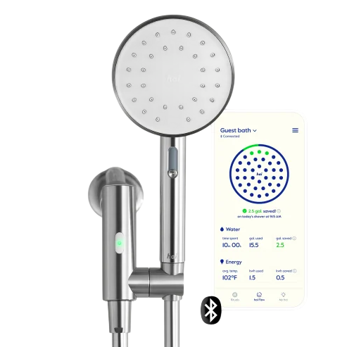 A smart showerhead with a detachable handheld design, featuring Bluetooth connectivity. An app interface on the side shows water and energy usage stats.
