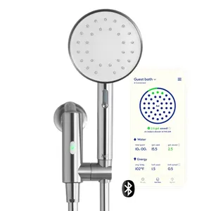 A smart showerhead with a detachable handheld design, featuring Bluetooth connectivity. An app interface on the side shows water and energy usage stats.