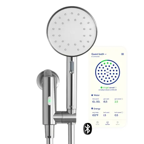 A smart showerhead with a detachable handheld design, featuring Bluetooth connectivity. An app interface on the side shows water and energy usage stats.