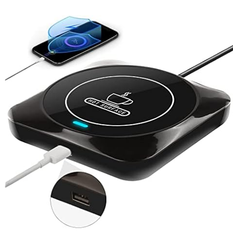 A black wireless charger and mug warmer with a USB connection, featuring a hot surface symbol.