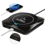 A black wireless charger and mug warmer with a USB connection, featuring a hot surface symbol.