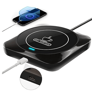 A black wireless charger and mug warmer with a USB connection, featuring a hot surface symbol.
