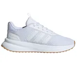 A white Adidas running shoe with three stripes on the side and a gum outsole.