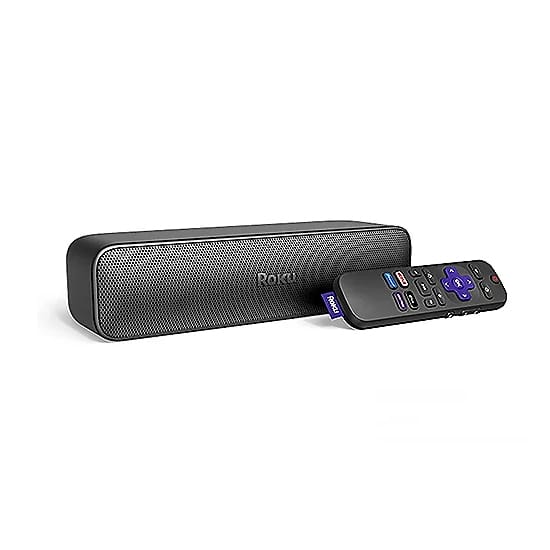 The Roku Streambar 2-in-1 Soundbar is a compact device combining a speaker and streaming capability, shown with a remote control featuring quick access buttons for popular streaming services.