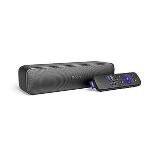 The Roku Streambar 2-in-1 Soundbar combines a compact soundbar with streaming capabilities, accompanied by a remote control featuring dedicated streaming service buttons.