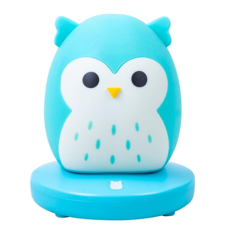 A cute, blue owl-shaped night light with a white belly and small blue accents, featuring a round base with an owl icon.