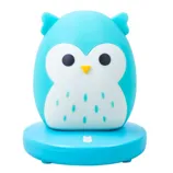 A cute, blue owl-shaped night light with a white belly and small blue accents, featuring a round base with an owl icon.