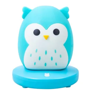 A cute, blue owl-shaped night light with a white belly and small blue accents, featuring a round base with an owl icon.