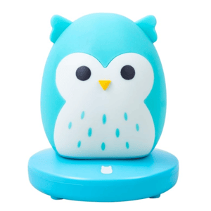 A cute, blue owl-shaped night light with a white belly and small blue accents, featuring a round base with an owl icon.