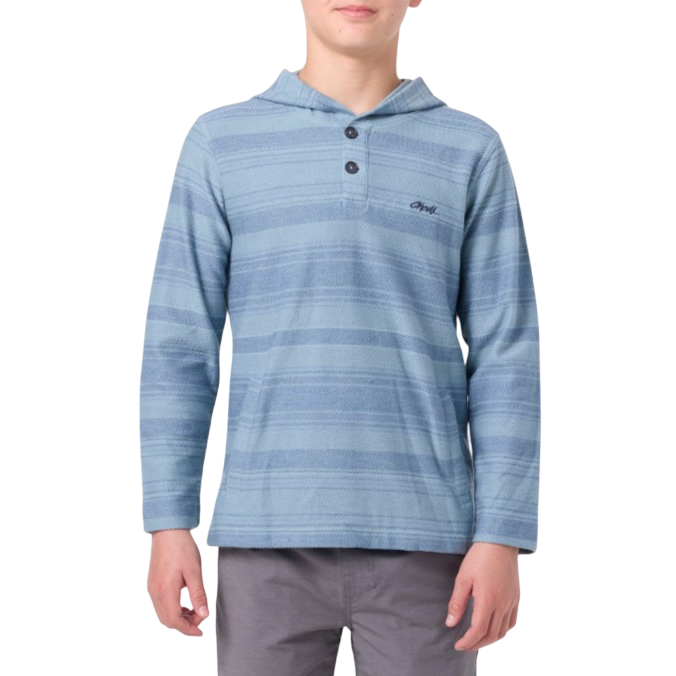 A person is wearing a blue striped long-sleeve hooded shirt with a buttoned placket, paired with gray pants.