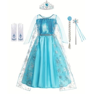 A children's costume set featuring a blue princess dress with snowflake patterns, a tiara, wand, and gloves.