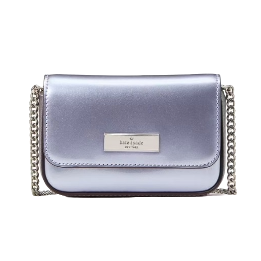 A metallic lavender Kate Spade New York crossbody bag with a chain strap and a front logo plaque.