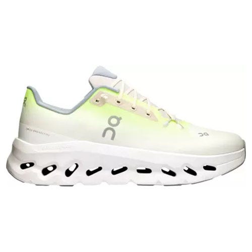 White low-top running shoes with green-yellow gradient detail on the upper heel area and black traction pattern on the sole.