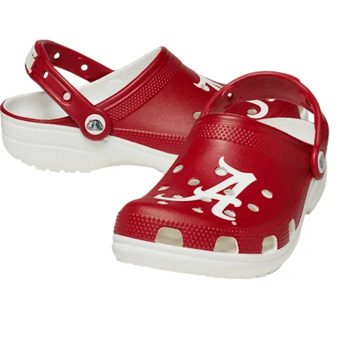 Red slip-on clogs with a white \“A\“ logo, featuring ventilation ports and adjustable heel straps.