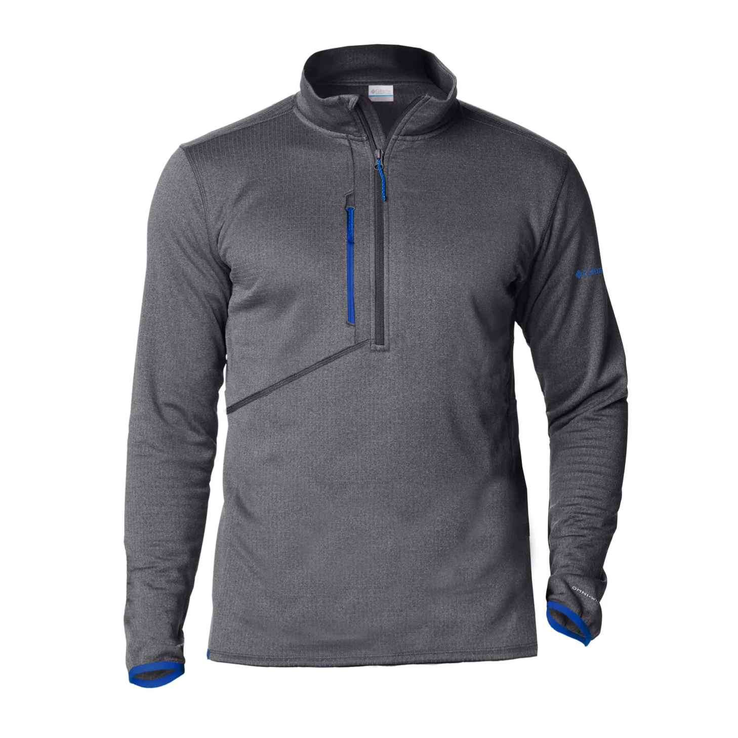 Gray long-sleeve pullover with a quarter-zip and blue accents, featuring a vertical chest pocket and subtle branding on the sleeve.