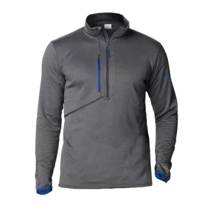Gray long-sleeve pullover with a quarter-zip and blue accents, featuring a vertical chest pocket and subtle branding on the sleeve.