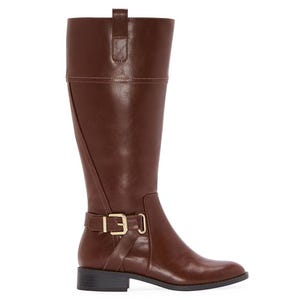 Brown leather knee-high riding boot with a gold buckle detail and a short heel.
